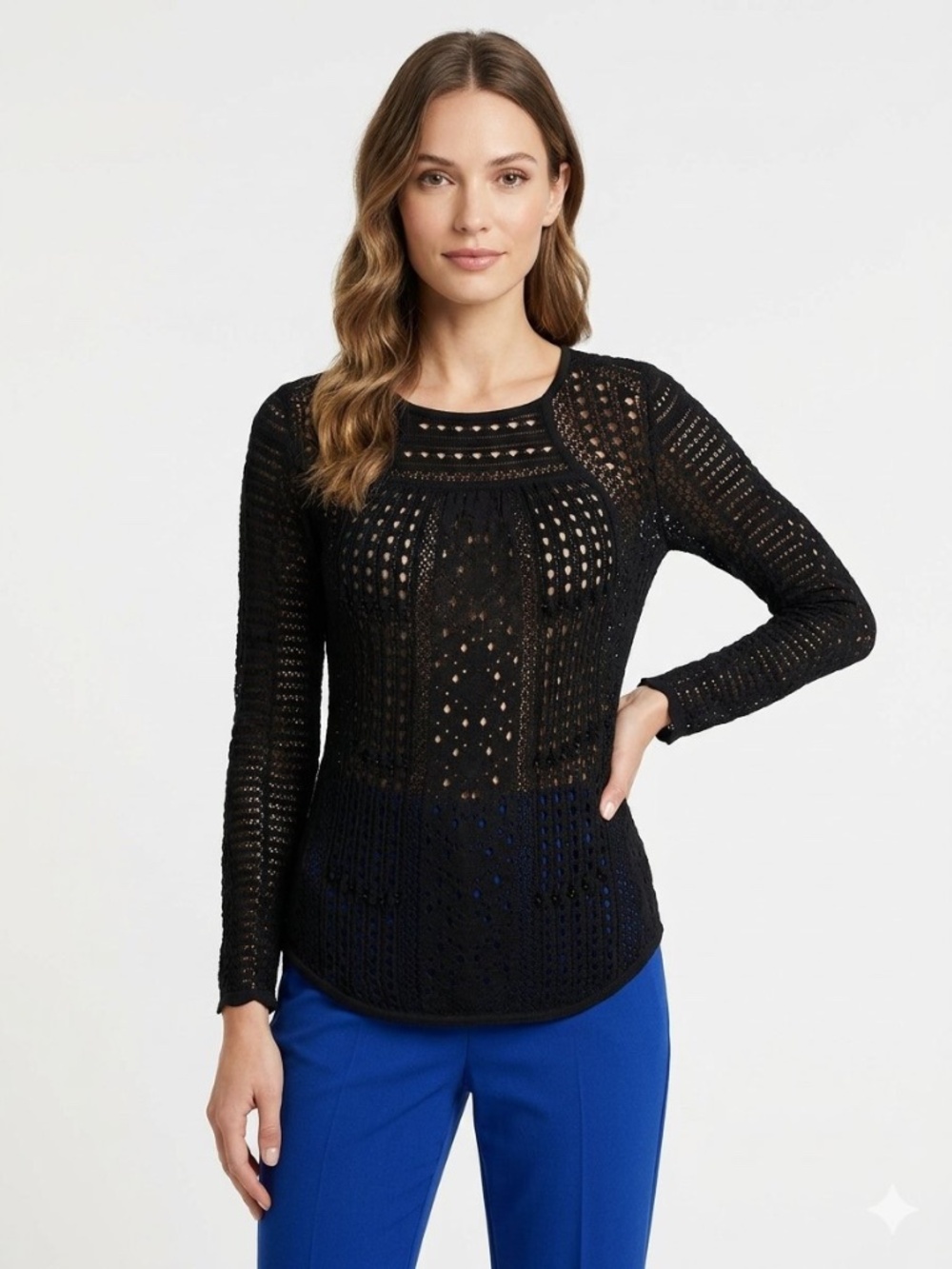 BCBGMAXAZRIA Black Open Stitch Crochet Pointelle Knit Sweater M whimsigoth boho
